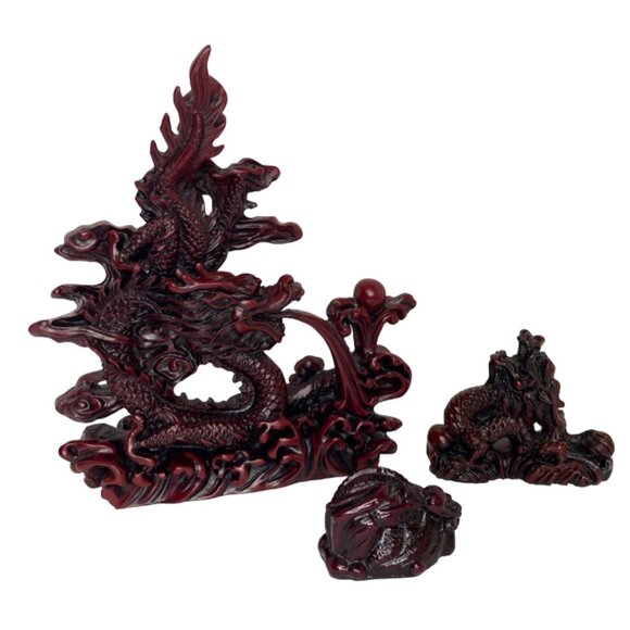 Vintage Chinese Red Resin Lucky Dragon Feng Shui Sculptured Statues Lot of 3 - Picture 1 of 10